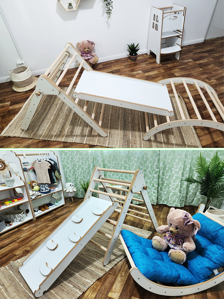 THIS SET CONTAINS 4 PIECES: Pikler climbing triangle + Sliding ramp + arch + pillow. The  Pickler climbing Triangle is a learning aid invented nearly a century ago by Hungarian pediatrician Emmi Pikler. 